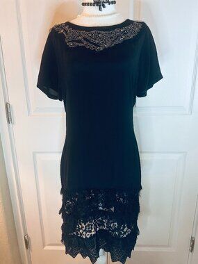 Love & Liberty Black Beaded Lace Dress, S Sheer Overlay Embellished Neck Romanic